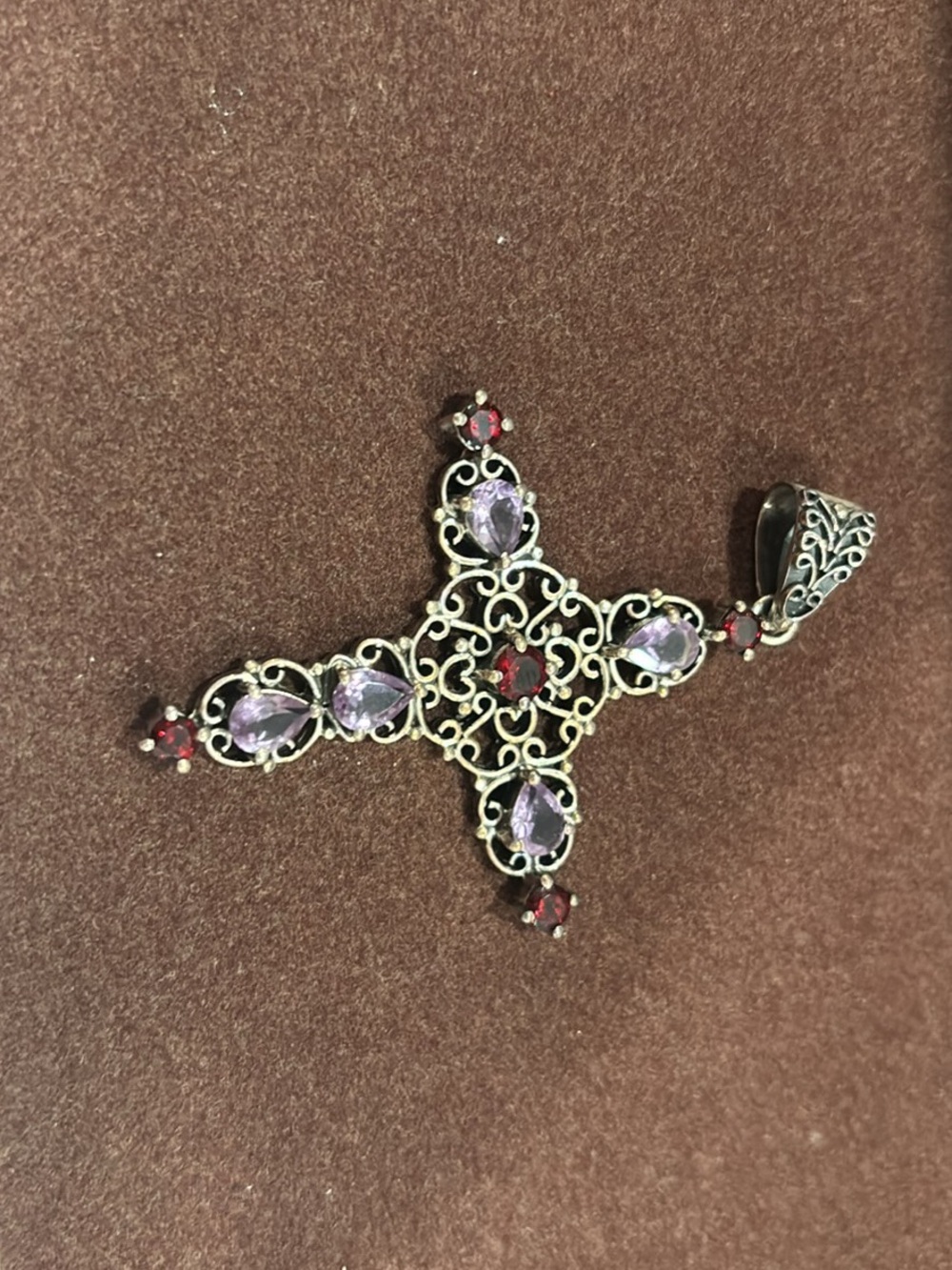 Sterling Silver Cross Pendant with Purple and Red Gemstones